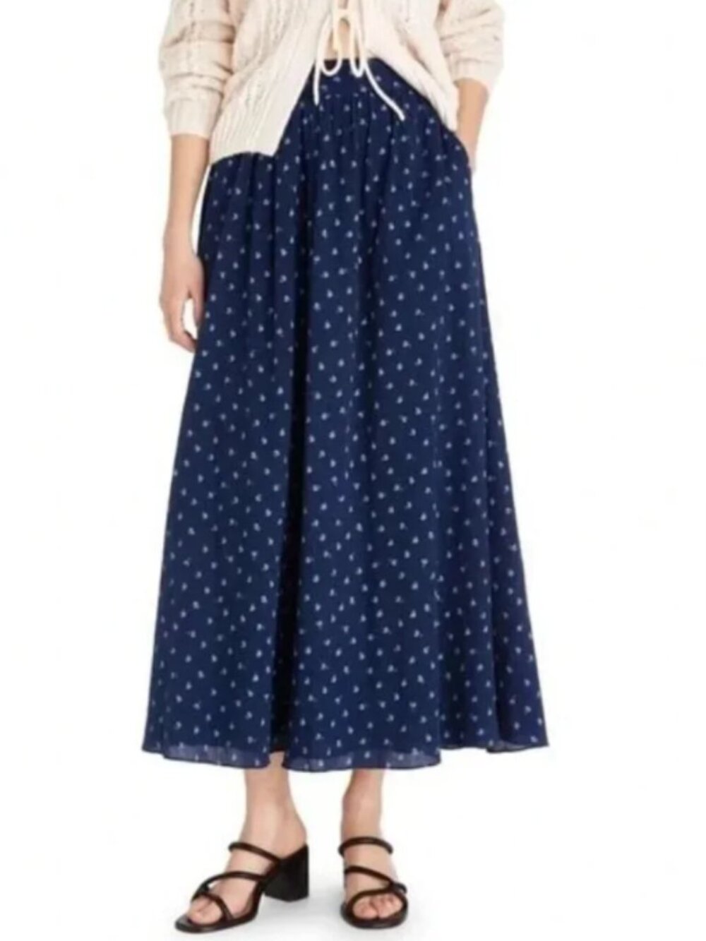Madewell Ditsy Floral Midi Skirt Crinkled Cotton Navy Blue Pull-On Size XL